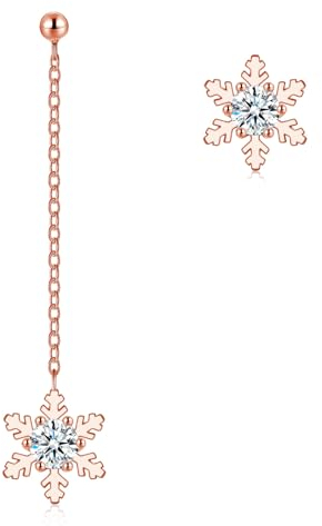 Hasnsofie Weihnachten Ohrringe Silber Hängend, 925 Sterling Silber Asymmetrische Schneeflocken Ohrstecker, Rosegold Hängeohrringe mit Weiß Zirkonia, Hypoallergen Lange Quaste Ohrhänger mit Geschenkbox
