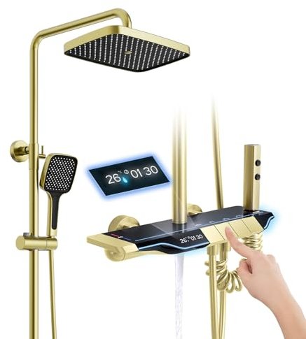 Duschsystem mit Thermostat Gebürstetes Gold Duscharmatur Regendusche mit Armatur Duschset Komplettset Höhenverstellbar Duschsäuleset inkl. 310mm Kopfbrause, 3 Funktionen Handbrause, Bidet