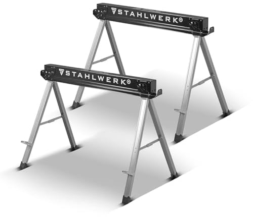 STAHLWERK Sägebock 2er Set pulverbeschichteter Metall-Arbeitsbock, Universal-Klappbock, Gerüstbock mit einer maximalen Tragkraft von 1000 kg und seitlicher Halterung, SB-757 ST