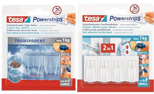 tesa Klebehaken für transparente Oberflächen und Glas (1 kg) & Powerstrips Vario-Gardinenhaken