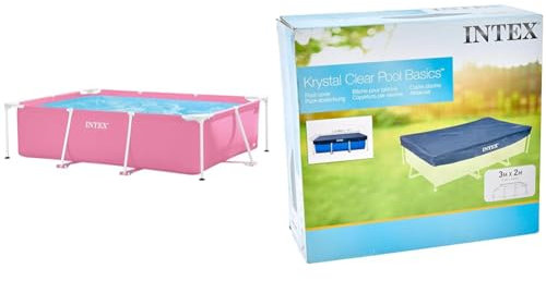 Intex 55256 - Piscina Desmontable Small Frame Familiar Rosa 220x150x60cm & 28038 - Cobertor Piscina Rectangular Prisma/Small Frame 300 x 200 cm, Color Azul