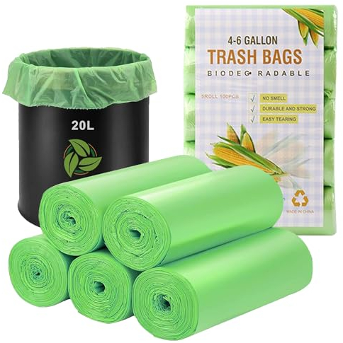 Lot de 100 sacs poubelles bio 20 L, sacs à déchets organiques compostables, 4-6 gal, recyclés épais, biodégradables, compostables, pour alimentation/ménage/jardin, 50 x 60 cm (vert)