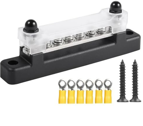 150A Common 12V BusBar Power Terminal Block, 12V-48V Single Row Covered Distribution Block with 6 x M4 Screws Terminals 2 x M6 Studs, Battery Terminal Block for Car/RV/Ship/Yacht