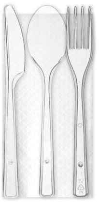 1/100/300 TRIS DI POSATE IMBUSTATE CON TOVAGLIOLO - riutilizzabili - SET TRASPARENTI Posate forchetta + coltello + cucchiaio (100 PEZZI)