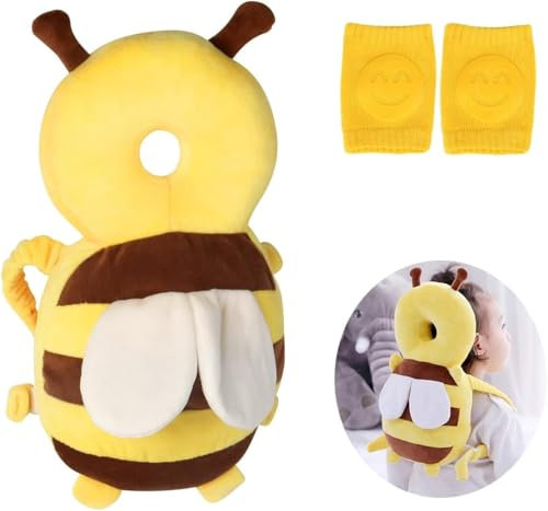 Protezione per la testa del bambino, traspirante, con ginocchiere, cuscino e ginocchiere, ideale per bambini che imparano a gattonare e camminare, a forma di api (giallo)