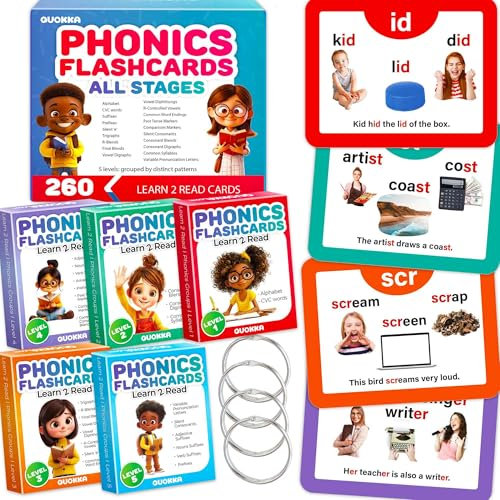 QUOKKA Phonics Flash Cards for Kids Ages 4-8 I 20 Phonic Stages 260 Card Games for Kids Ages 3-5 and 6-8 | Learn to Read Games & Phonics Manipulatives for Phonemic Awareness I Alphabet,CVC,Blends,etc