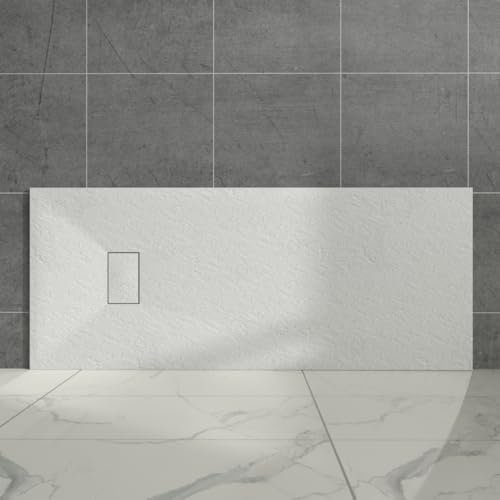 Aquariss White Rectangular Shower Tray Slate Effect SMC Slip-Resistant Shower Base for Bathroom Enclosures 1700x700mm with Waste