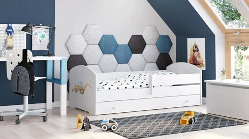 Dmora - Kinderbett Opole, Kinderbett für Schlafzimmer, Einzelbett mit Kommoden, Struktur mit ausziehbarem Bett, 85x164 h63 cm, Weiß mit Bagger