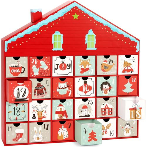BRUBAKER Adventskalender zum Befüllen - Weihnachtshaus 2024 - Sweet Christmas - DIY Weihnachtskalender mit 24 Türchen für Gutscheine, Süßigkeiten und Überraschungen - 40,5 cm groß aus Pappe - Rot