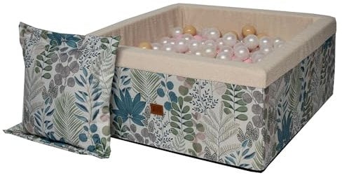 GoldenGroup Baby 90x40 cm Bällebad mit 150 Bällen - Spielzeug - Bällebad aus Samt - Rundes Bällebad aus Schaumstoff - Ballpool Pastell Blätter + Kugeln Farben rosa, Perla, pernamental