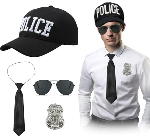 EUPSIIU 4 Stück Polizei Kostüm Set mit Polizei Hut Sonnenbrille Polizist Abzeichen Krawatte Polizei Kappe Polizei Polizeimütze Detective Cop Swat Rollenspiel Zubehör Halloween Dress up (Schwarz)