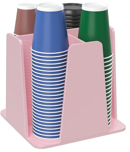 HOUSEDOMO Coffee Cup Organizer for Countertop - Rotating Plastic Cup Holder 4 Compartments Pink Acrylic Cup and Lid Holder for Coffee Bar Restaurant Breakroom Disposable Paper Coffee Cup Dispenser