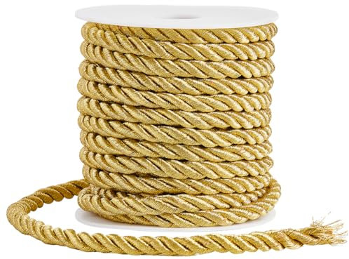 SOFPLATE 11 Yards/10M 9mm Twisted Cord Gold Decorative Rope Thick Polyester 3-Ply Silk Twine String Twist Graduation Honor Cords Braided Cording for Home Decor Costume Bag Upholstery Curtain Tieback