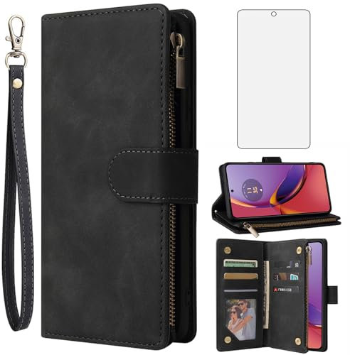 Asuwish Funda para Motorola Moto G84 5G funda con lámina protectora y tarjetero plegable de piel con soporte G 84 84G XT2347-2 cremallera fundas para teléfono móvil funda teléfono negro