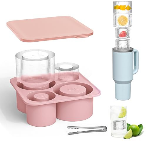 IETWATE Cubitos de hielo de 4 compartimentos para Stanley Cup, cubitera con tapa para vasos de 20-40 oz, molde de silicona reutilizable para cócteles, whisky, café (rosa)