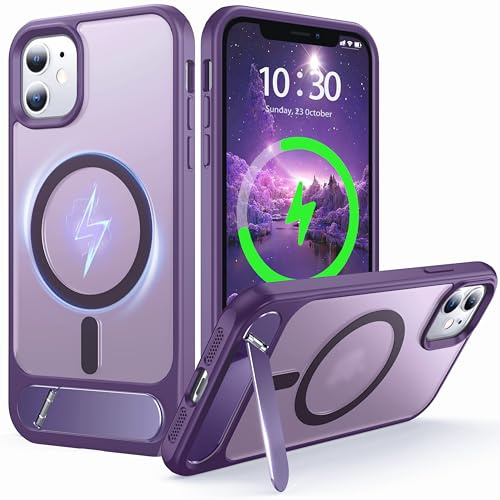 NJROW Magnetic Stand for iPhone 11 Case Compatible with MagSafe [Stand & Wireless Charging 2in1] [Flush Hidden Kickstand] [Military Shockproof] Slim Translucent Matte Silicone,Purple