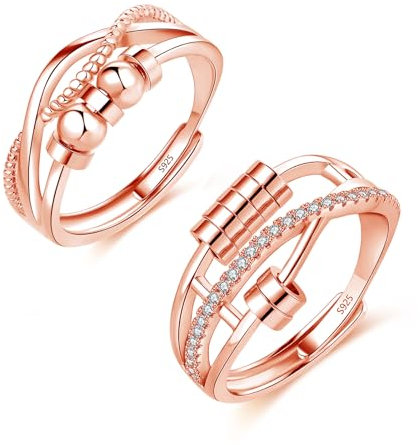 Glintara 925 Sterling Silber Anxiety Ring, 1 Paar Silber Verstellbar Anti Stress Ringe Set, Stressringe Spinner Fidget Partnerringe mit Perlen, Offen Einstellbar Stimmungsring gegen Angst für Unisex