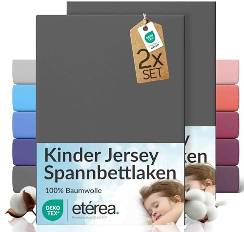etérea Jersey 2er Set Spannbettlaken 60x120cm - 70x140cm Anthrazit bis 15 cm Höhe - 100% Baumwolle Spannbetttuch Oekotex - Doppelpack Bettlaken 60x120 cm - 70x140 cm - Dunkelgrau