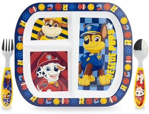 Sorrisini Vajilla Reutilizable Para Microondas PAW, 3 Piezas Partidos, Primer Juego de Destete del Bebé con Plato, Cubiertos de Acero Inoxidable, Platos de Plástico Microondables, Sin BPA