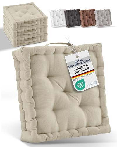 Beautissu 4er Set Bodenkissen Sitzkissen 50x50 cm - Dickes Matratzenkissen 10cm - 100% Baumwolle Stuhlkissen Indoor & Outdoor Sitzkissen Boden Tragegriff extra Dicke Sitzauflagen Leinen - Mila