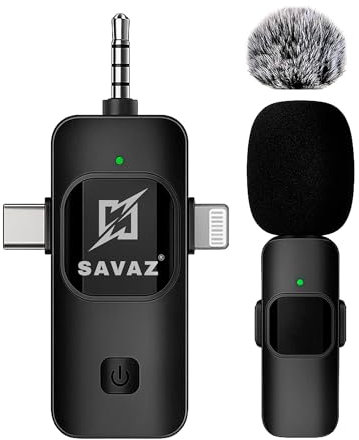 SAVAZ® Kabelloses Mikrofon Plug & Play – kompatibel mit iPhone, Android und Kamera – 360°-Sound, 3-in-1 (USB-C, Lightning, Jack) – für Youtube, TikTok, Interviews