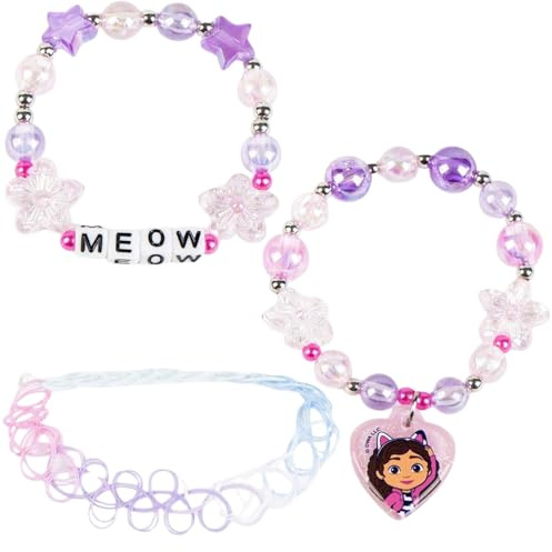Gabby's Dollhouse Armband-Set mit Blumenperlen und Charm MEOW auf Pastellbasis, offizieller Schmuck für Mädchen ab 3 Jahren, sehr geeignet für Themengeschenk und fantasievolles Spielen