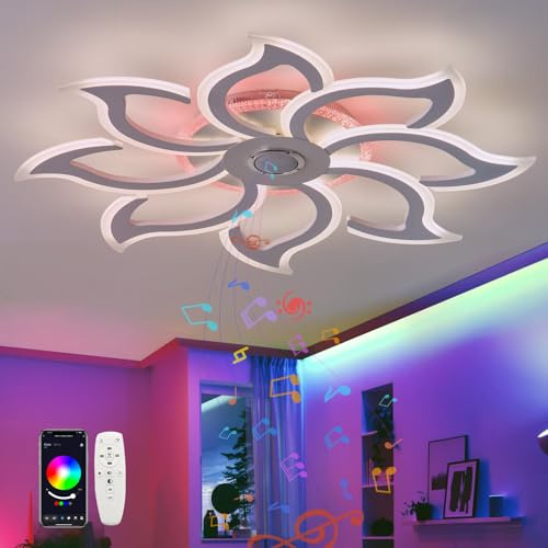 QINGYING 90cm Dimmbar Blume Deckenlampe, RGB Deckenleuchte Mit Fernbedienung APP, Smart Deckenbeleuchtung Mit Bluetooth-Lautsprecher Licht Für Wohnzimmer Schlafzimmer Küche Büro-White