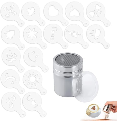 Kakaostreuer für Cappuccino,Puderzuckerstreuer,16 Stk Druckform Kakaostreuer Schablonen,Kakao Streuer Cappuccino,Kaffee Zubehör,Coffee Accessories,Edelstahl Kakaopulver Pulverstreuer,Kaffeeschablone