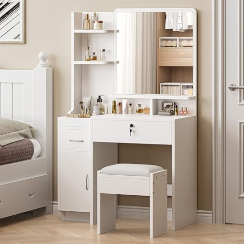 Dripex Dressing Table with Large Mirror, Bedroom Makeup Vanity Desk with Soft Stool, Vanity Desk Set with 2 Drawer, 1 Cabinets, 6 Open Storage Compartments, for Bedroom, White