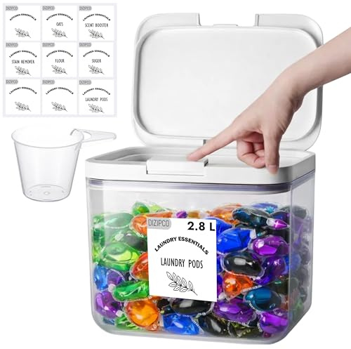 DIZIPCO Laundry Pods Storage Container - Washing Pods Storage with Pop up Lids, Clear Box with Scoops, Stickers - Large Organizer for Detergent Pods, Powder (Medium 2.8L)