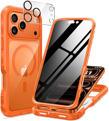 seacosmo Magnetic for iPhone 17 Pro Max Case with Privacy Screen Protector | Compatible with MagSafe, Camera Lens Protector, Full Body Bumper Military-Grade Drop Protection Shockproof Phone Case, Orange