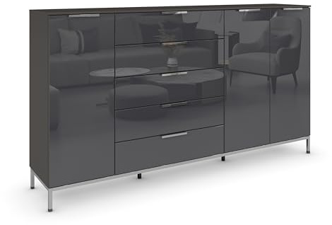 Rauch Möbel Flipp, Kommode, Farbe Glas Basalt/Graphit, Breite 199 cm | Sideboard, 3-türig, 5 Schubladen, Glasfront, Soft-Close, Griffe, Metallkufe Chrom, für Schlafzimmer, Gästezimmer, Wohnzimmer