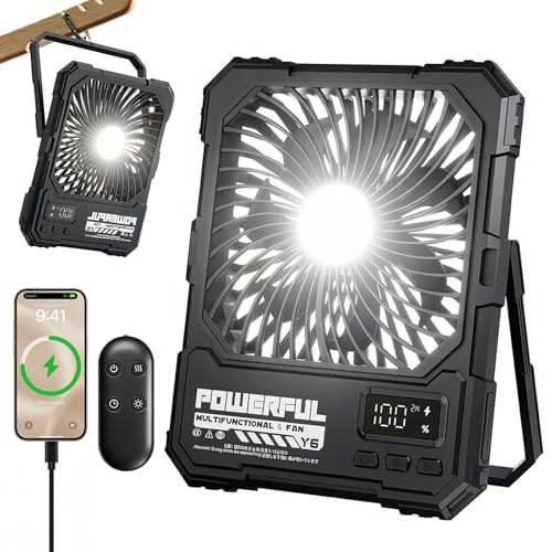 Vurlexat 20000mAh Portable Camping Desk Fan with Light, 72H Runtime(Black) | Rechargeable Desk Turbo Fan, Power Bank, Ultra-Slim, Powerful Speed, with Hook, Remote Control, for Outdoor, Tent, Travel