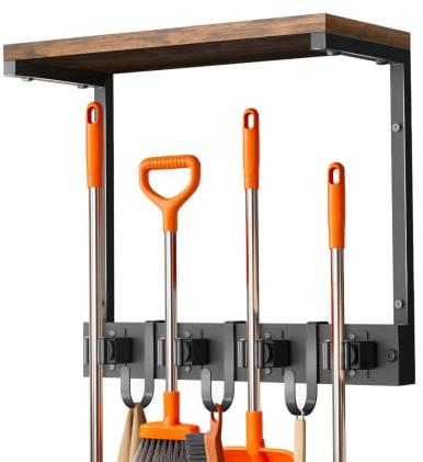Supforce Broom Mop Holder Wall Mounted with Top Wooden Shelf, Heavy-Duty Metal Cleaning Supplies Organiser with 4 Grippers and 3 Hooks Kitchen Bathroom Garage Garden (Small)