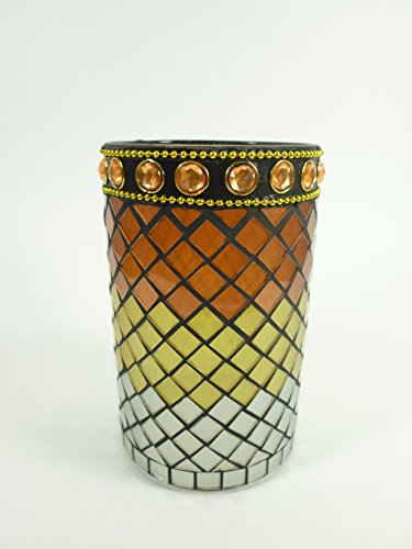 Windlicht-Glas Mosaik handgearbeitet Teelichthalter Kerzenhalter Teelicht-Glas Vase Dekovase Tischdekoration (Weiß-Gold-orange)