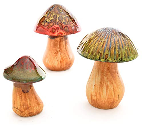 Burwells 3 x Decorative Toadstool Ornaments – Indoor Outdoor Hand Finished Ceramic Glazed Mushroom Decorations – Home Garden Lawn Patio Border Decor, One of each 16, 14 & 10cm Tall