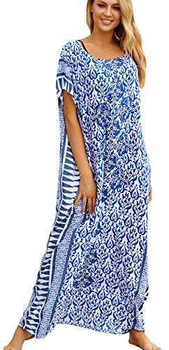 L-Peach Femme Été Coton Broderie Florale Longue Kaftan Robe Paréo de Plage pour Maillot de Bain, Bleu Imprimé, Taille unique