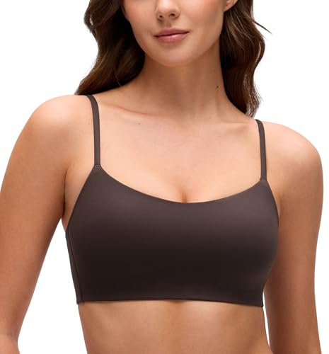 CRZ YOGA Softhold Mold V Neck Bralette for Women - Adjustable Spaghetti Lounge T-Shirt Everyday Bra No Underwire Comfort Cami Hot Fudge Brown Small