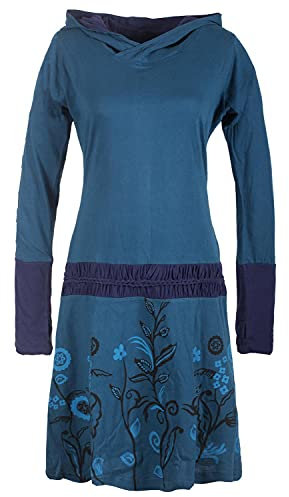 Vishes - Alternative Bekleidung Bedrucktes Langarm Damen Blumen Hoodie Kleid Kapuze Geknüpfter Gürtel türkis 38