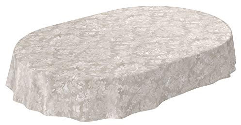 Wachstuchtischdecke abwaschbar Garten Tischdecke Wachstuch Rund Oval Eckig Indoor Outdoor Barock Rankenmuster Hellgrau-Beige Oval 220x140cm