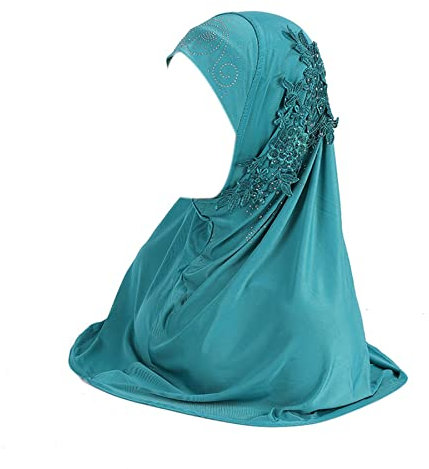 Einteiliger Kopftuch, Schal mit Strasssteinen, muslimischer Hijab-Spitzenapplikation, Blau, Einheitsgröße