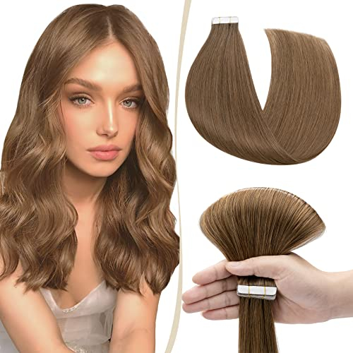SEGO Extensions Tape Echthaar Haarverlängerung 10 Tressen Klebeband 25g Haarteile 7A Glatt 100% Remy Human Haar 50.8 cm (25 g) Hellbraun#6