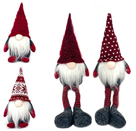 DUJSRZL 4 Stück Weihnachtszwerge aus Plüsch, gestrickt, Weihnachtsmann, handgefertigt, Tischdekorationen, Dekoration für Zuhause, Tischkamine, Dekorationen für Tischkamine (Lange rote Beine)