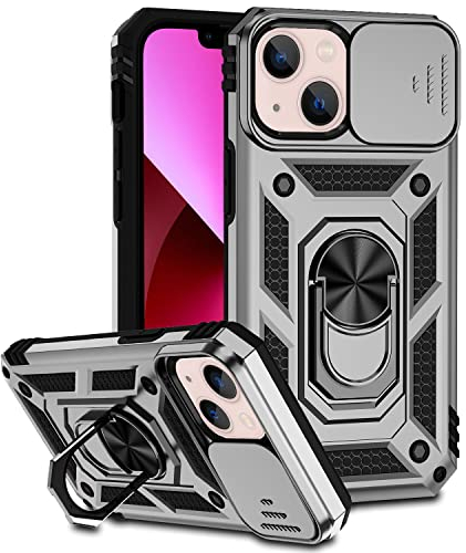 Hitaoyou iPhone 13 Hülle, iPhone 13 Hülle mit Kameraabdeckung & Ständer Militärqualität Stoßfest Heavy Duty Schutz mit magnetischer Autohalterung Handyhüllen für iPhone 13 6.1'' (Silver)
