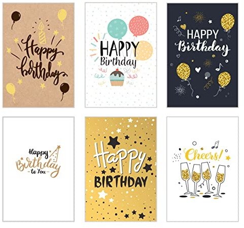 Edition Seidel Set 6 Premium Geburtstagskarten mit Goldprägung und Umschlag. Teils aus Kraftpapier. Happy Birthday Karte Glückwunschkarte zum Geburtstag Mann Frau