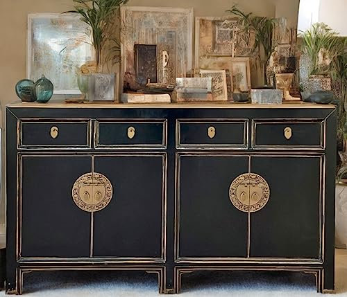 OPIUM OUTLET Chinesisches Sideboard schwarz orientalische Kommode Anrichte Büffet Möbel Schrank asiatisch Hochzeitsschrank Vintage Antik-Stil Shabby Chic