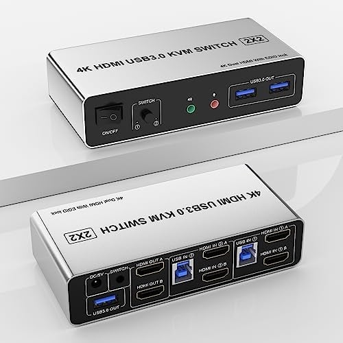 USB 3.0 KVM Switch Dual HDMI 2 Port, Unterstützt EDID, 4K@60Hz für 2 PC auf 2 Monitore Mit 3 USB 3.0 Ports und Audio Mikrofon Ausgang, PC Tastatur Maus Switcher