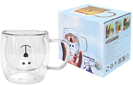 Tazze Carine Orso, Tazze da Caffè Carine, Vetro a Doppia Parete, Tazza con Manico, Tazza di Vetro a Forma di Orso da 250 Ml Tazza a Doppia Parete Acqua Tè Caffè Latte Tazza con Manico(trasparente)