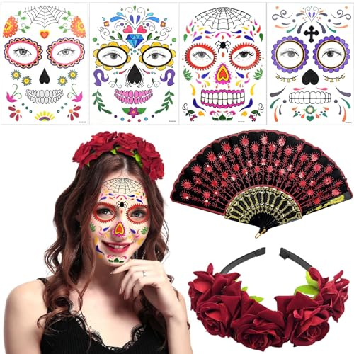 Fascia per il Giorno dei Morti, 6 Pezzi Halloween Fascia di Fiori Rosa Fiore Copricapo Tatuaggio Temporaneo sul Viso Paillettes ricamate Tessuto Ventilatore, per Carnevale, Feste di Halloween Cosplay