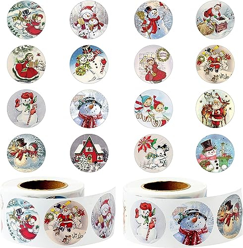 PANTIDE Vintage Weihnachts-Winter-Aufkleber Rollen 1000 STK (2 Rollen) Charmante Cartoon-Weihnachts-Runden-Aufkleber Santa Schneemann Mustern Selbstklebend Etiketten Weihnachtsparty-Geschenke